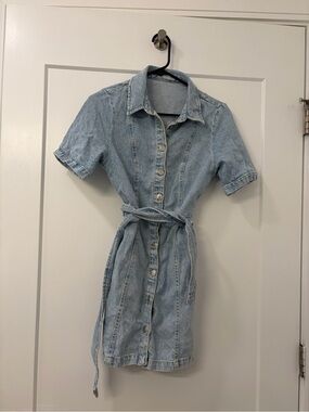 stradivarius vintage Light Blue Denim Dress with Tie Waist